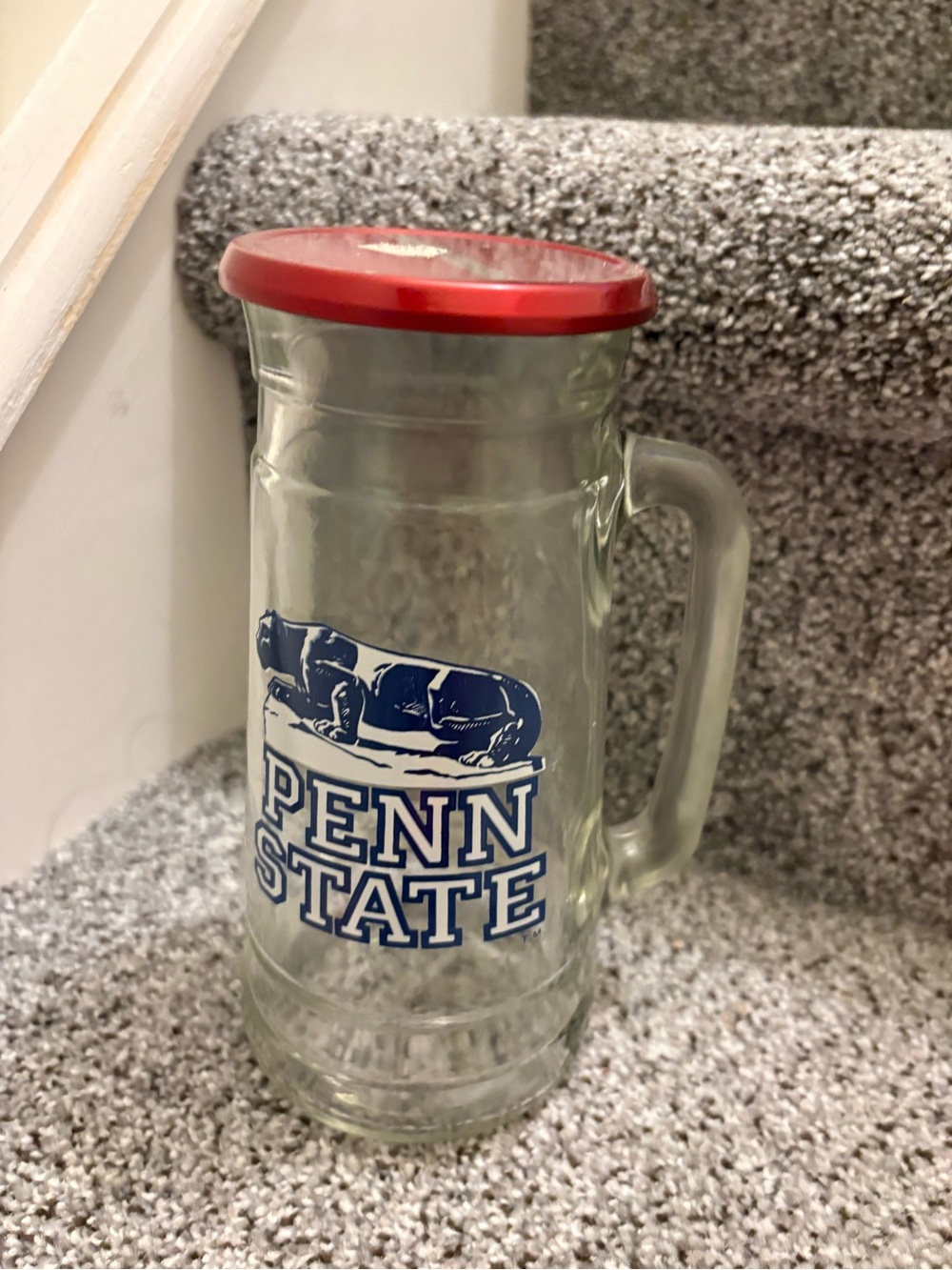 Vintage 1980s Mug O’ Nuts Clear Glass Penn State Mug with Red Lid
